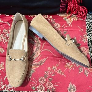 Pretty tan suede loafers, slip on with a gold tone buckle by Loft